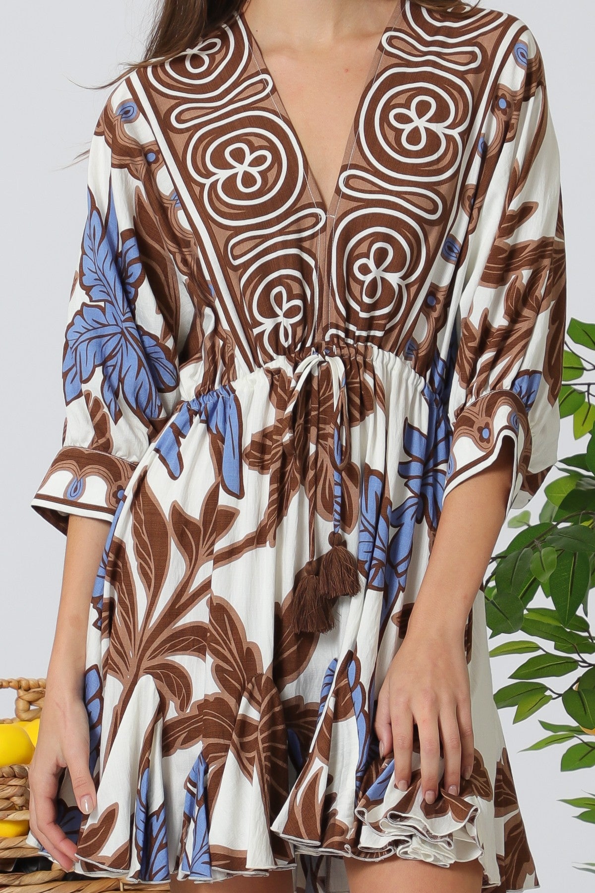 "Palma" Tassel Mini Dress in Brown
