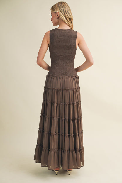 Smocked Maxi Dress in Brown