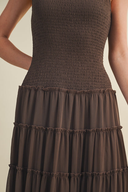 Smocked Maxi Dress in Brown