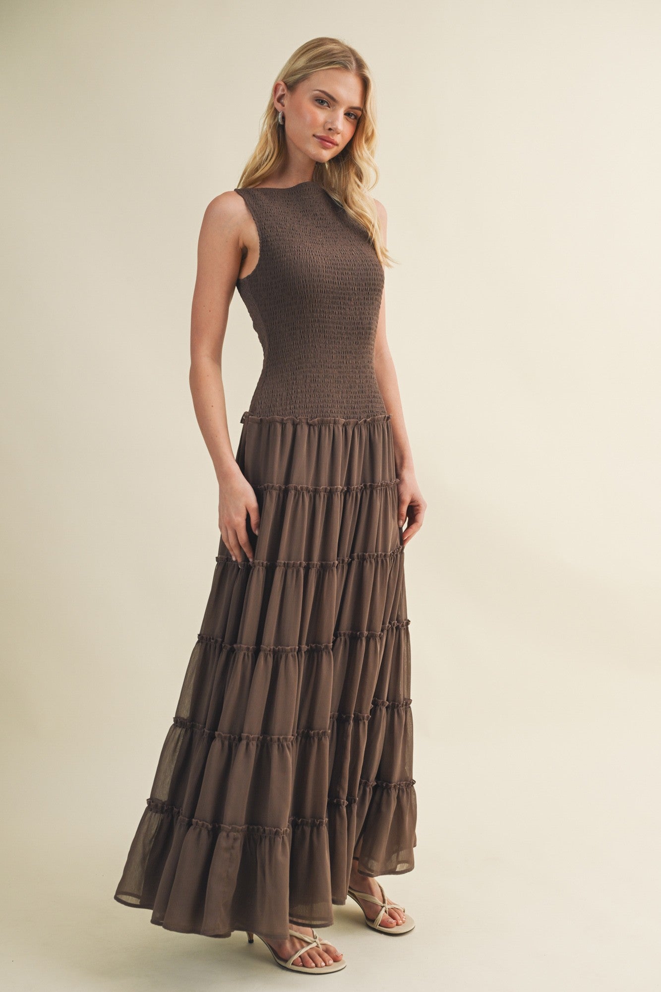 Smocked Maxi Dress in Brown