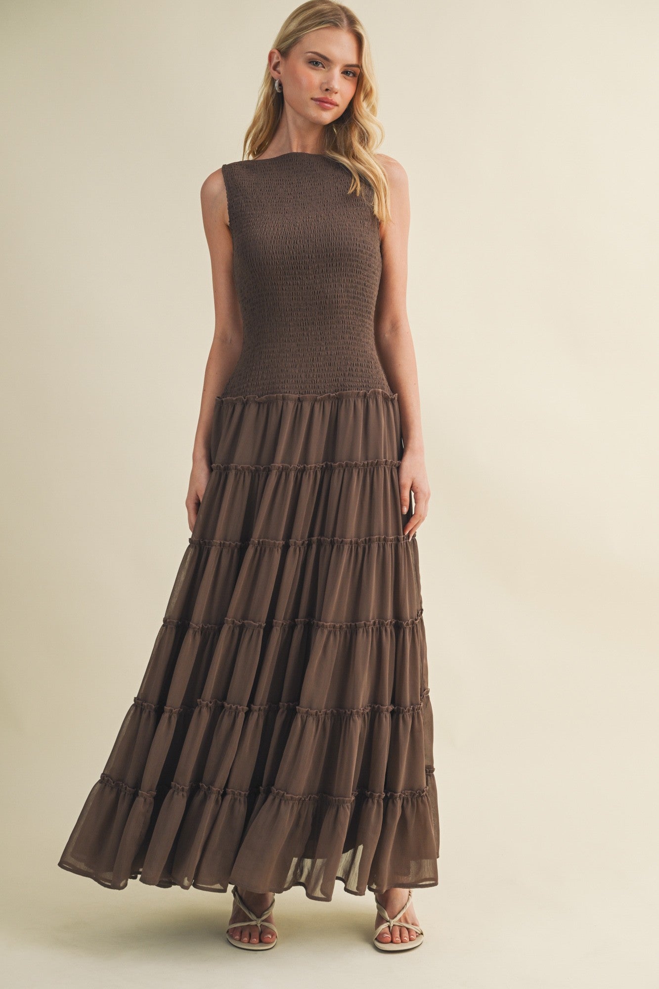 Smocked Maxi Dress in Brown