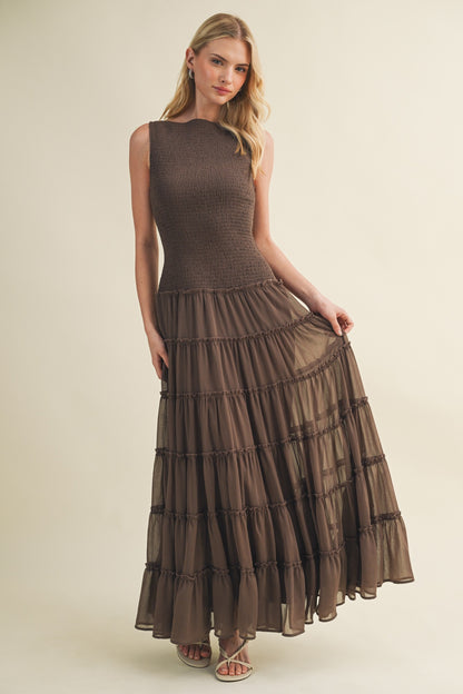 Smocked Maxi Dress in Brown