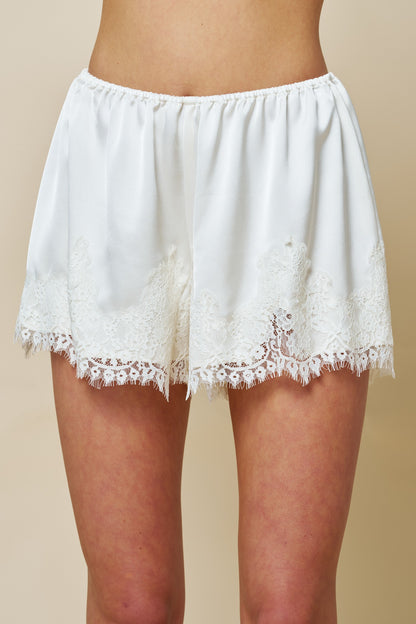 Lace Trim Satin Shorts in Cream - PRE ORDER