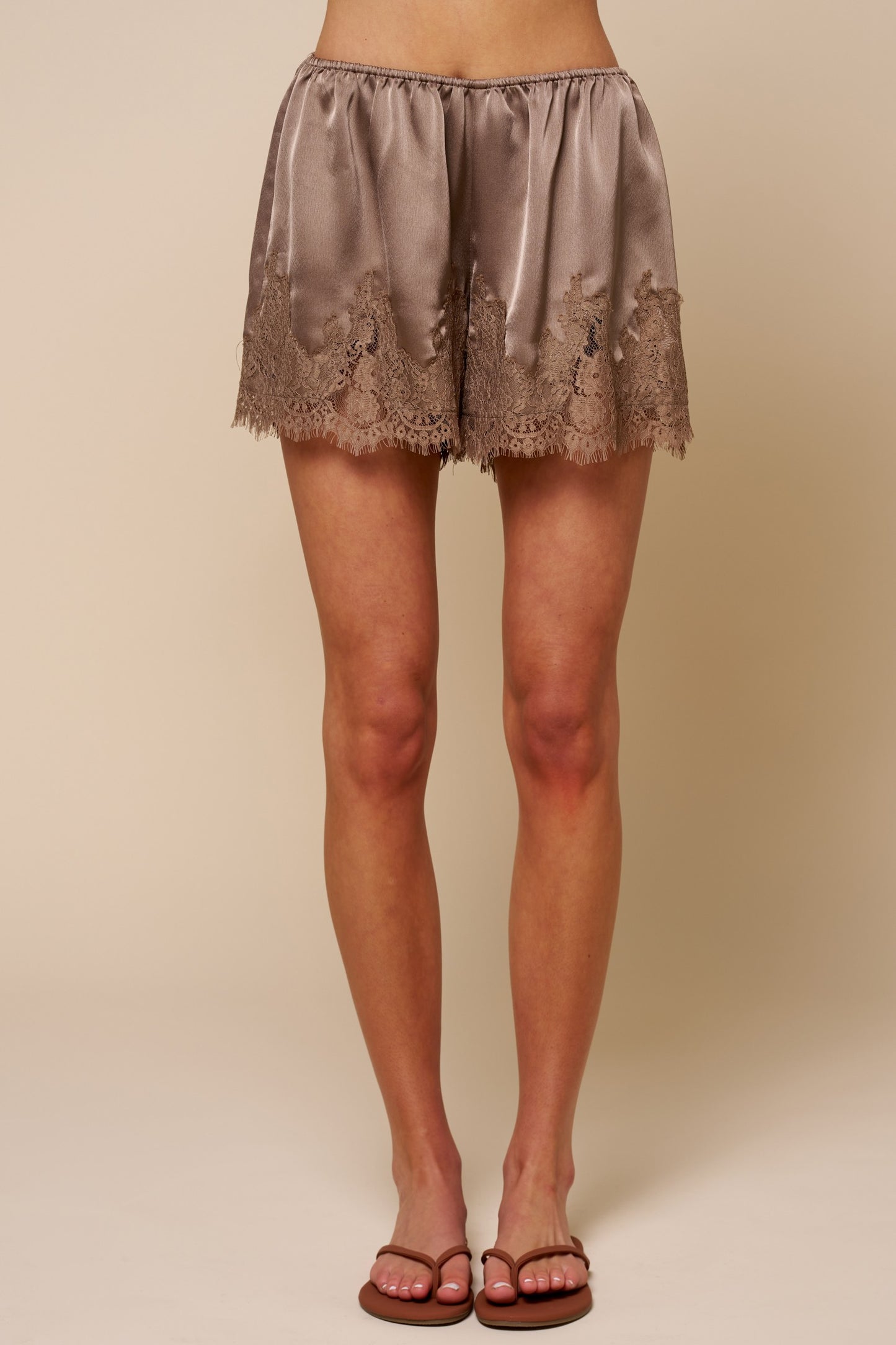 Lace Trim Satin Shorts in Mocha - PRE ORDER