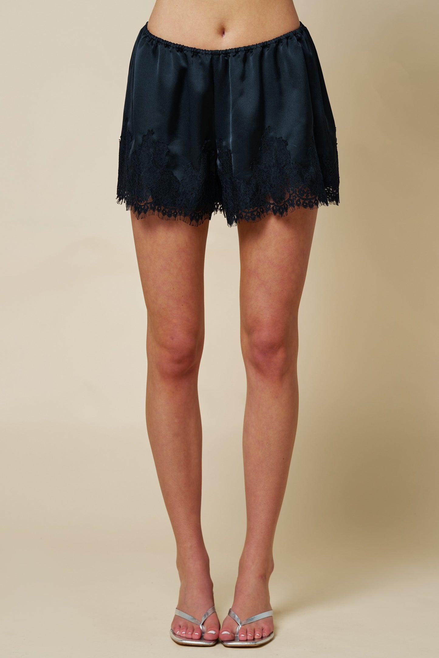Lace Trim Satin Shorts in Black