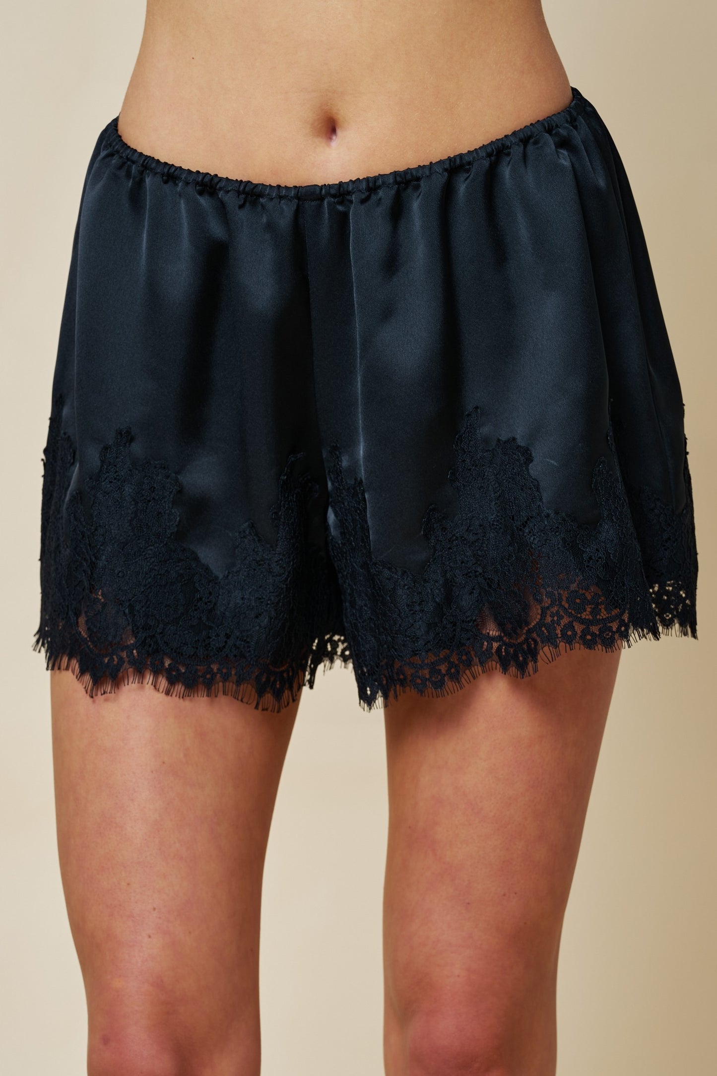 Lace Trim Satin Shorts in Black