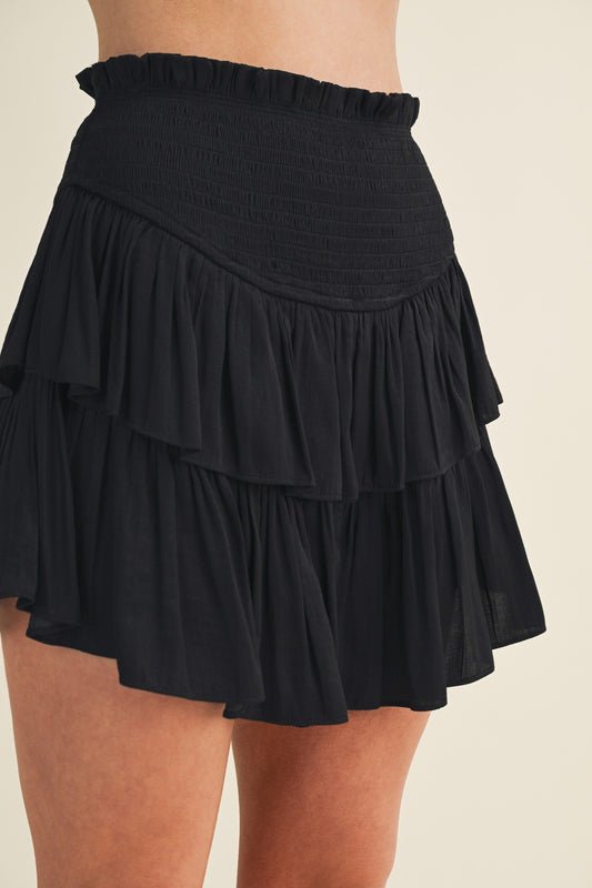 Tiered Ruffle Smocked Skort in Black