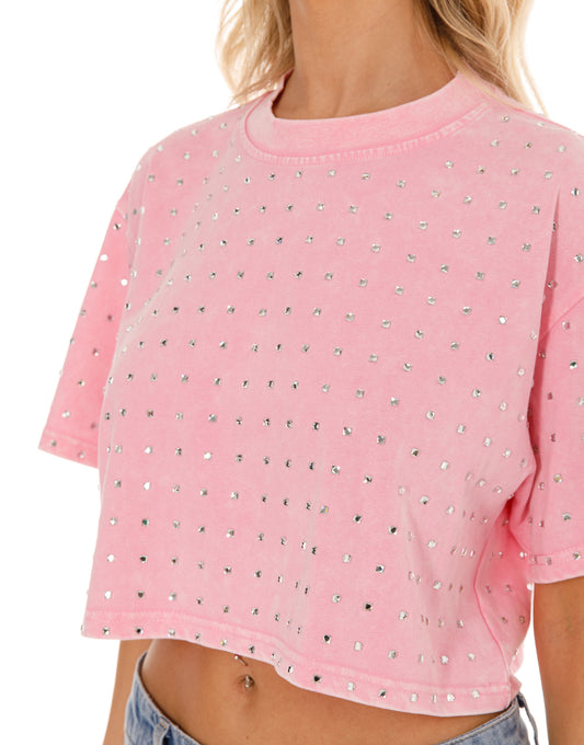 FINAL SALE!! The “Dallas" Cropped Rhinestone Tee in Pink