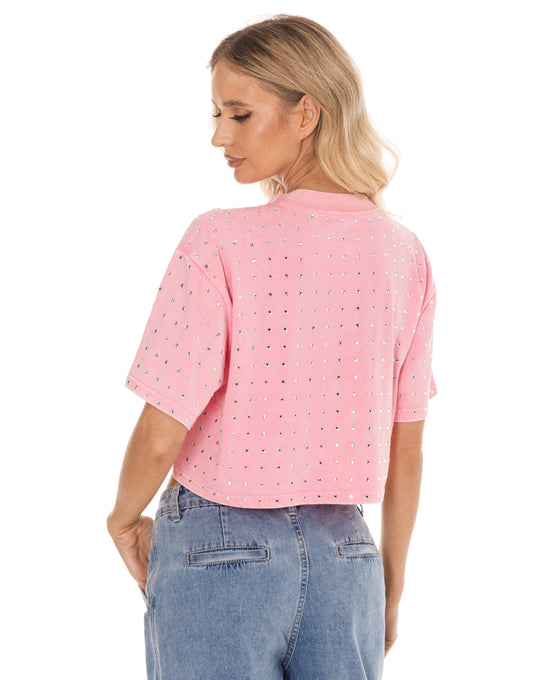 FINAL SALE!! The “Dallas" Cropped Rhinestone Tee in Pink