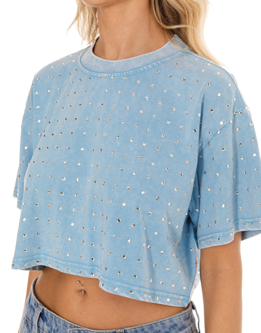 FINAL SALE!! The “Dallas" Cropped Rhinestone Tee in Blue