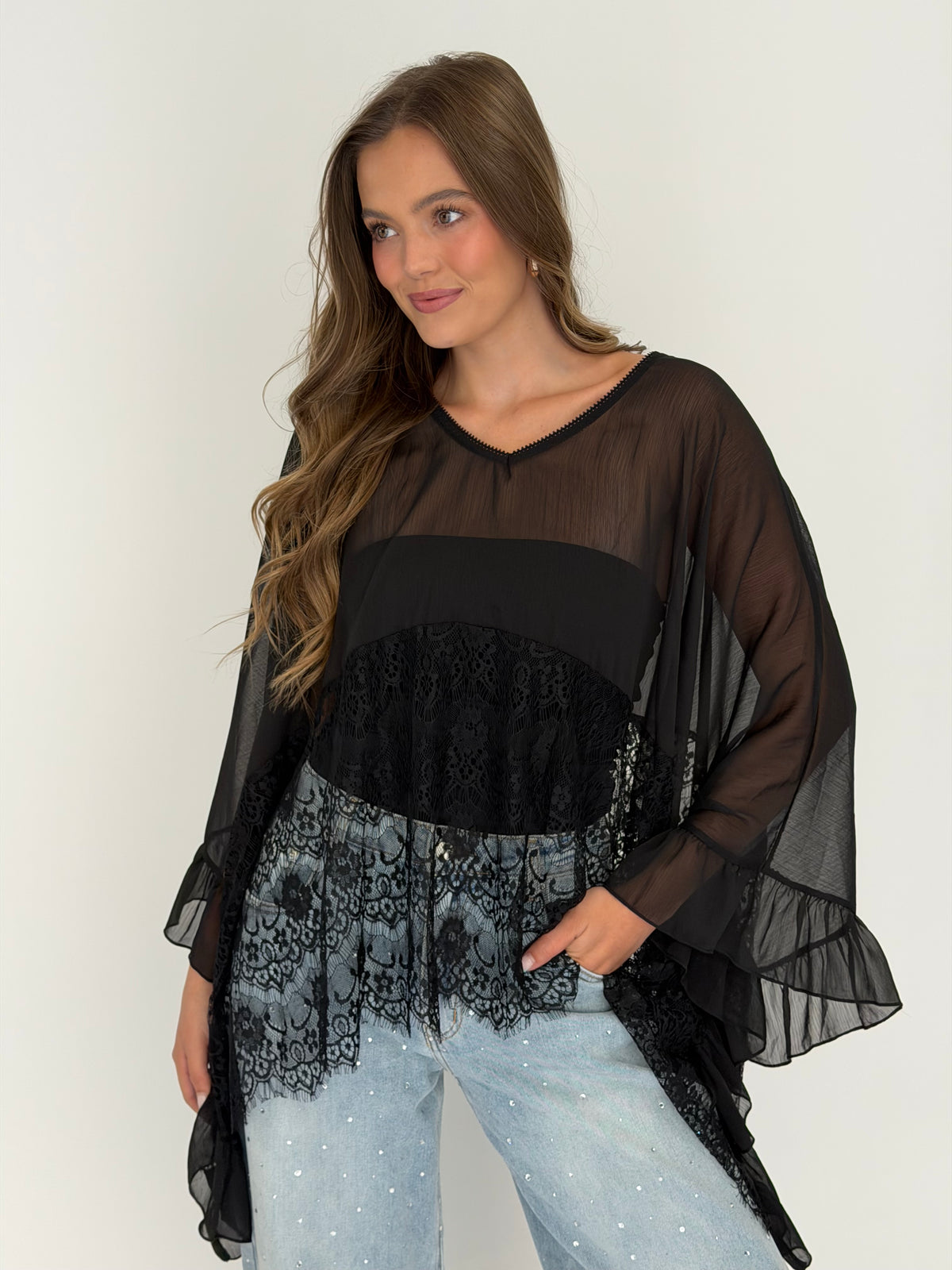 FINAL SALE!! Sheer Lace Trim Top in Black