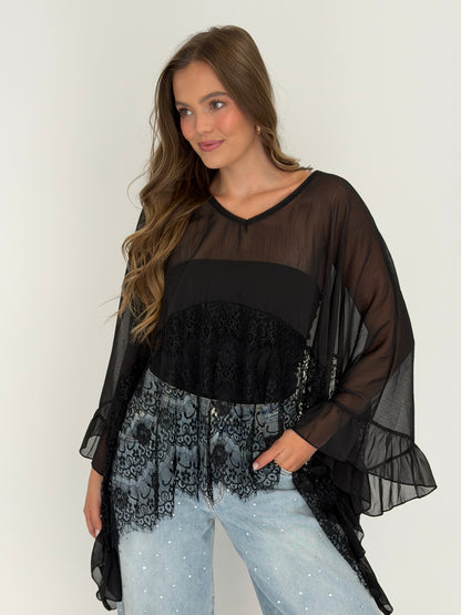 FINAL SALE!! Sheer Lace Trim Top in Black
