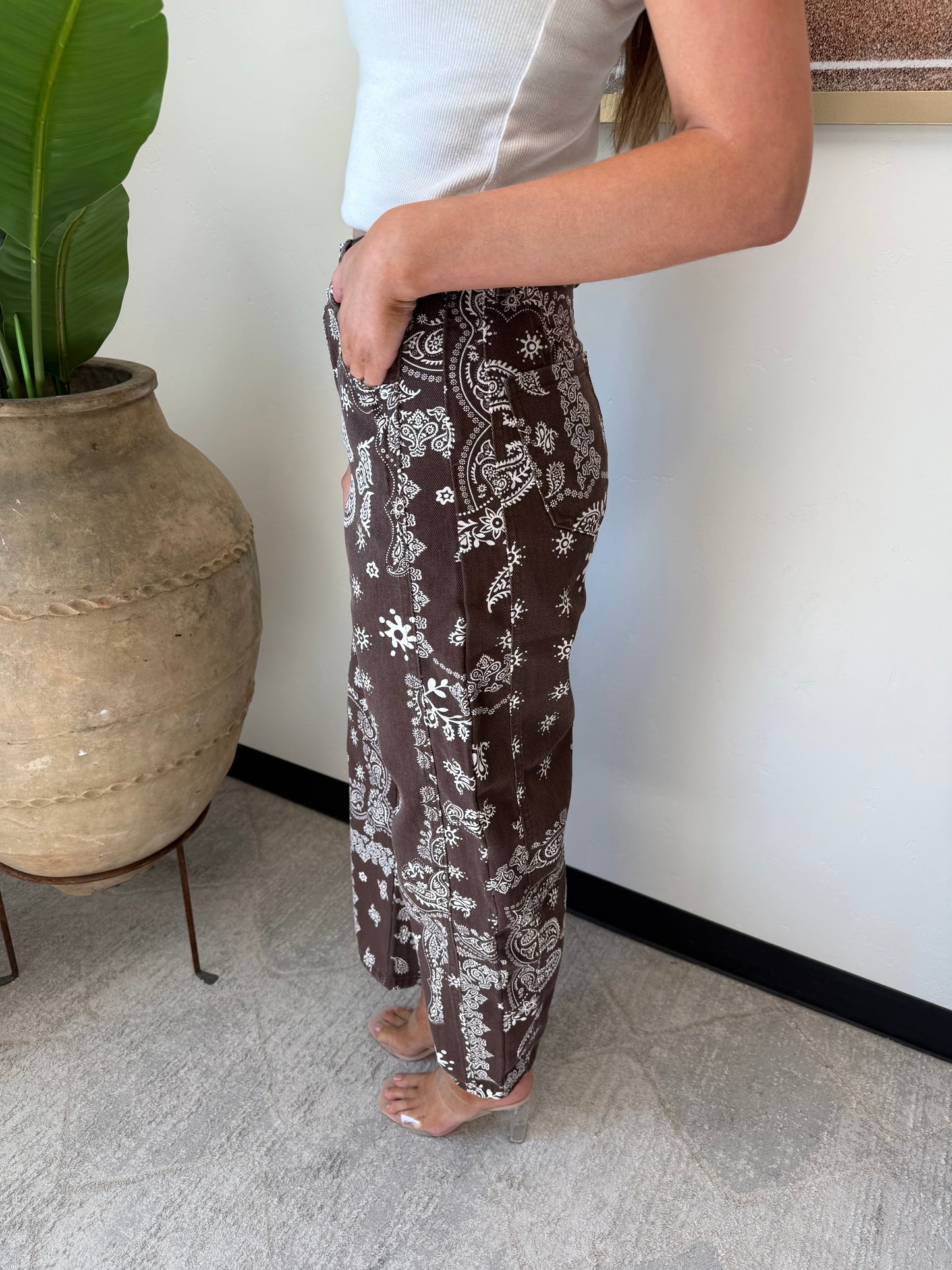 Paisley Barrel Leg Pants in Chocolate