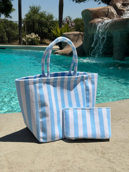 "Cabana Club" Striped Terry Tote Bag in Blue
