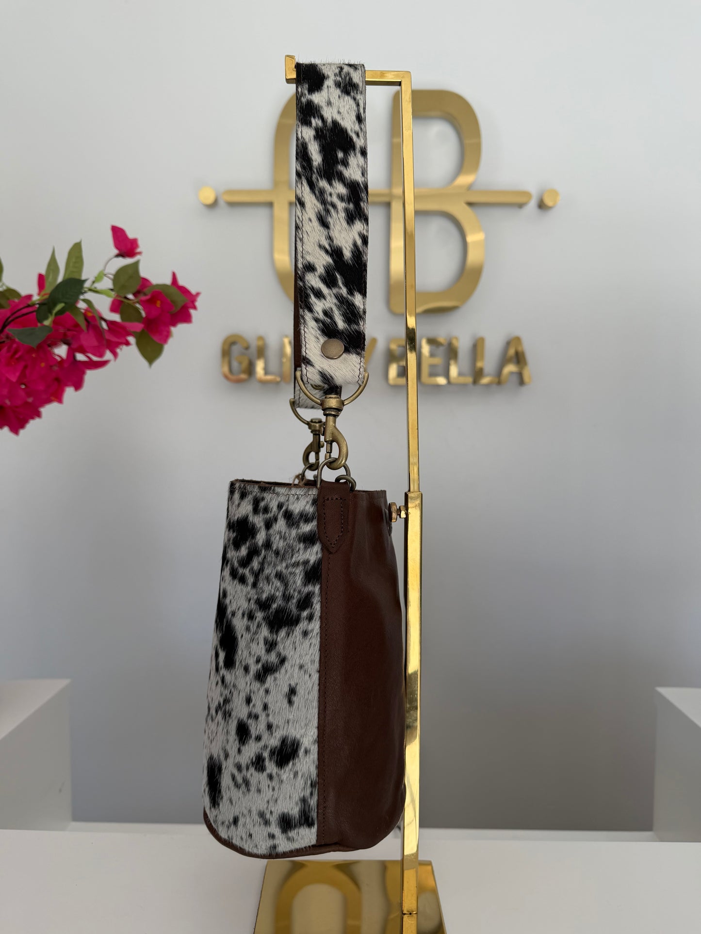 Black and White Cowhide Large Bucket Bag w/ Cowhide Strap