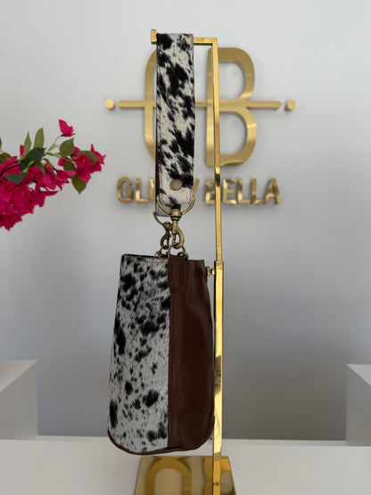 Black and White Cowhide Large Bucket Bag w/ Cowhide Strap