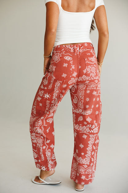 Bandana Print Barrel Leg Pants in Red