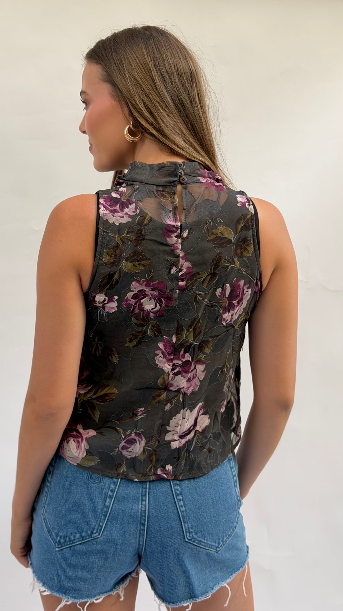 Asymmetric Fringe Sheer Floral Top