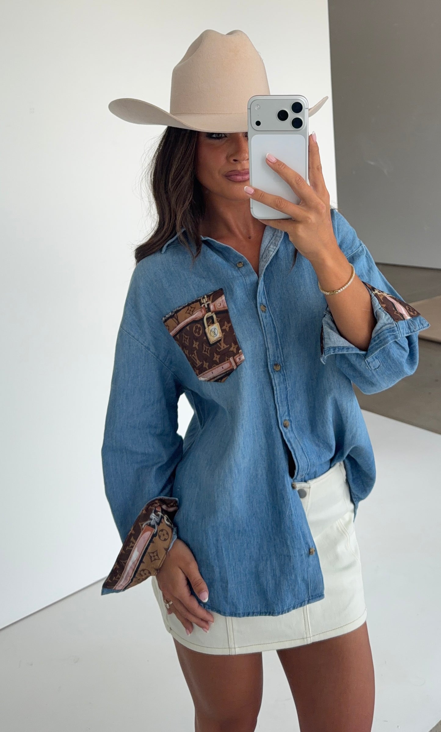 Designer Repurposed Denim Shirt w/ Designer Brown Scarf