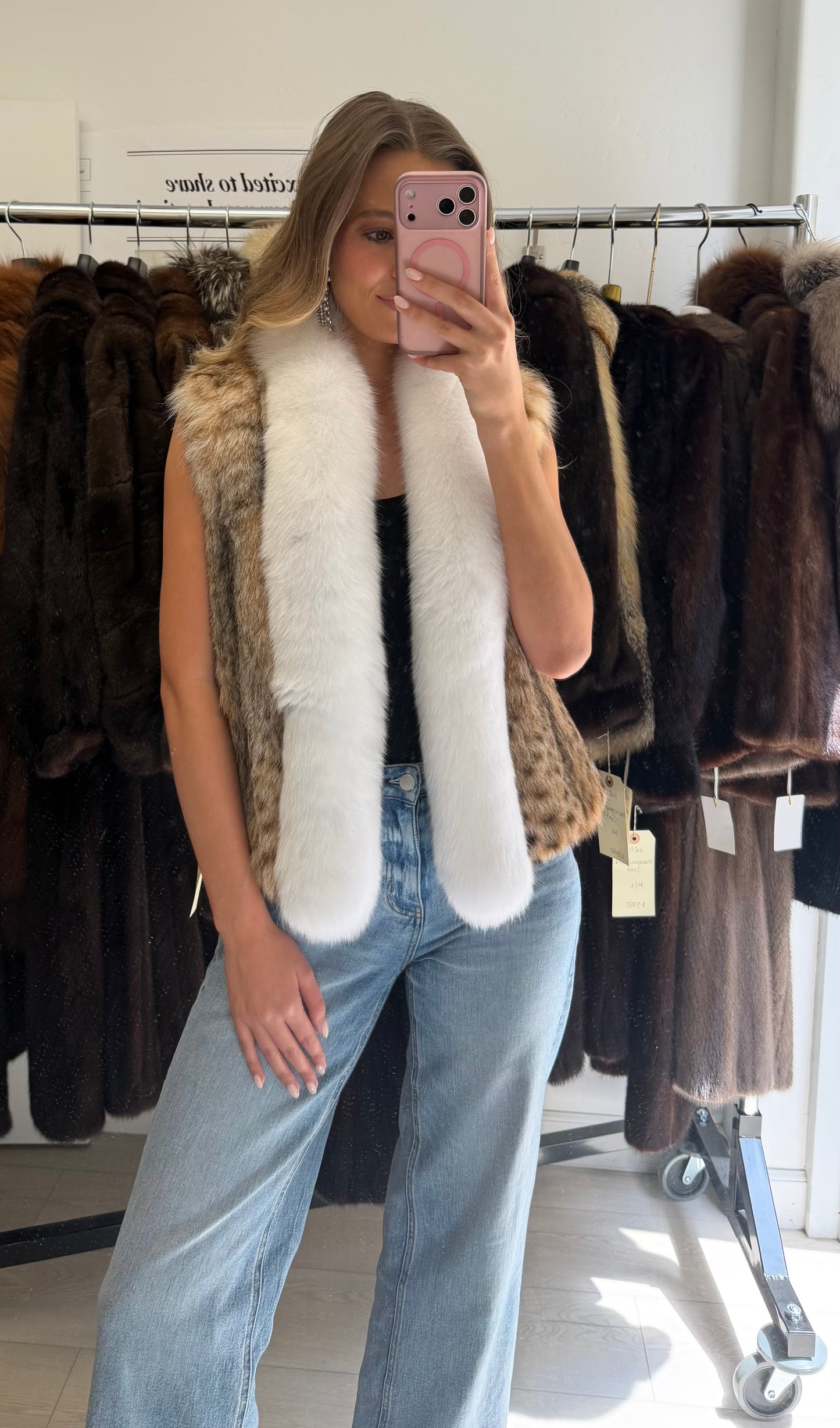 #55 Vintage Lynx Fur Vest w/ Fox Tuxedo Size S/M