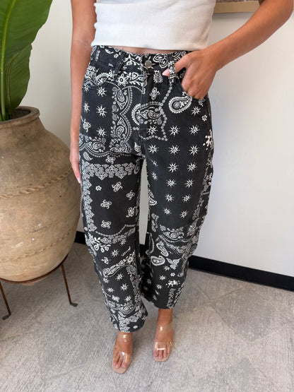 Paisley Barrel Leg Pants in Black