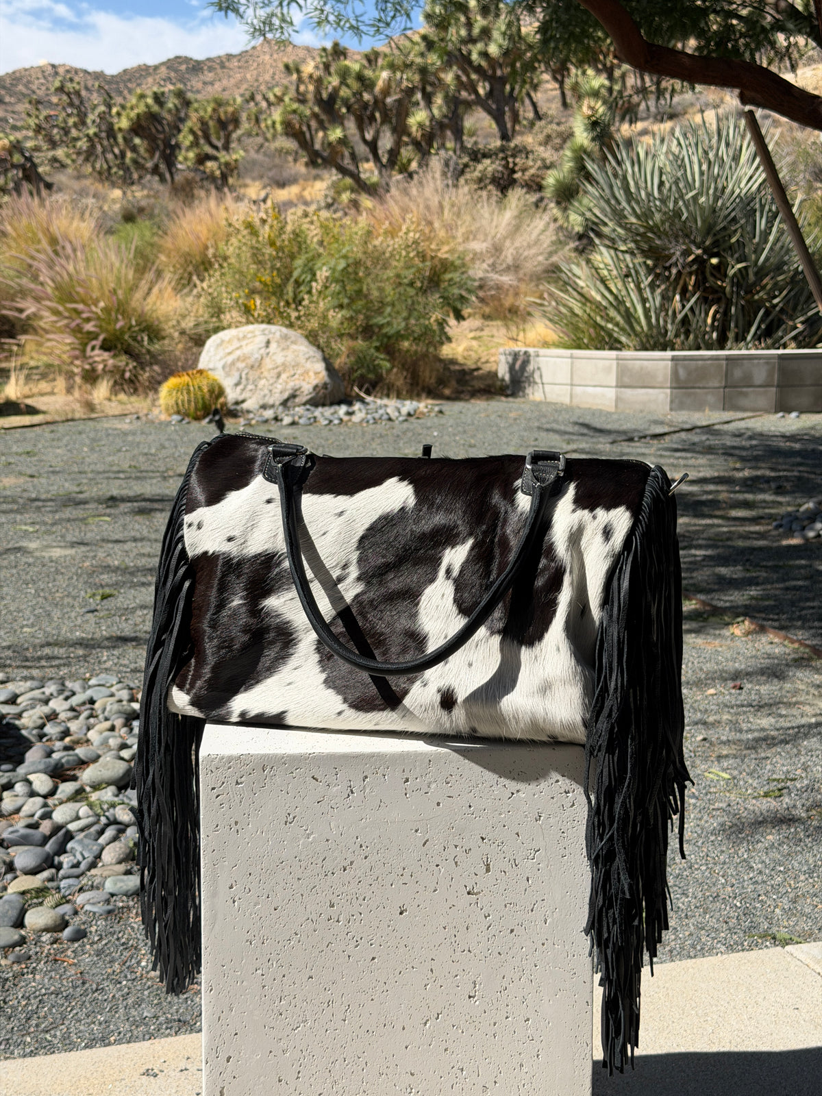 Cowhide Fringe Weekender Bag - Black