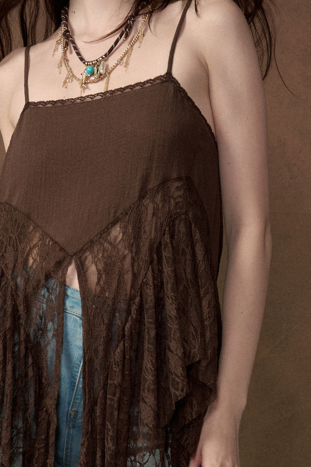 Ruffle Lace High-Low Top in Brown - PREORDER