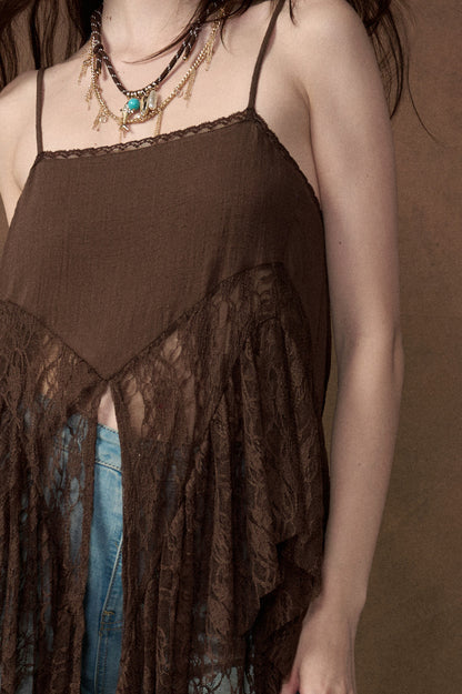 Ruffle Lace High-Low Top in Brown - PREORDER