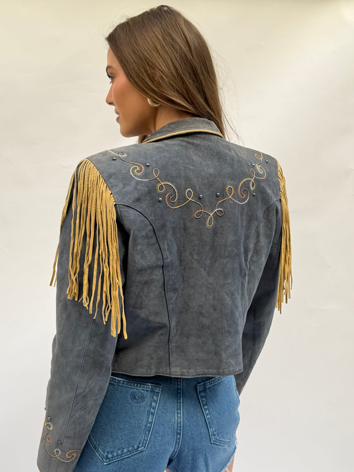 Vintage Blue/Grey Suede Fringe Jacket Size Medium