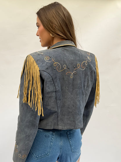 Vintage Blue/Grey Suede Fringe Jacket Size Medium