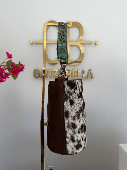 Brown and White Cowhide Small Bucket Bag w/ Turquoise Strap