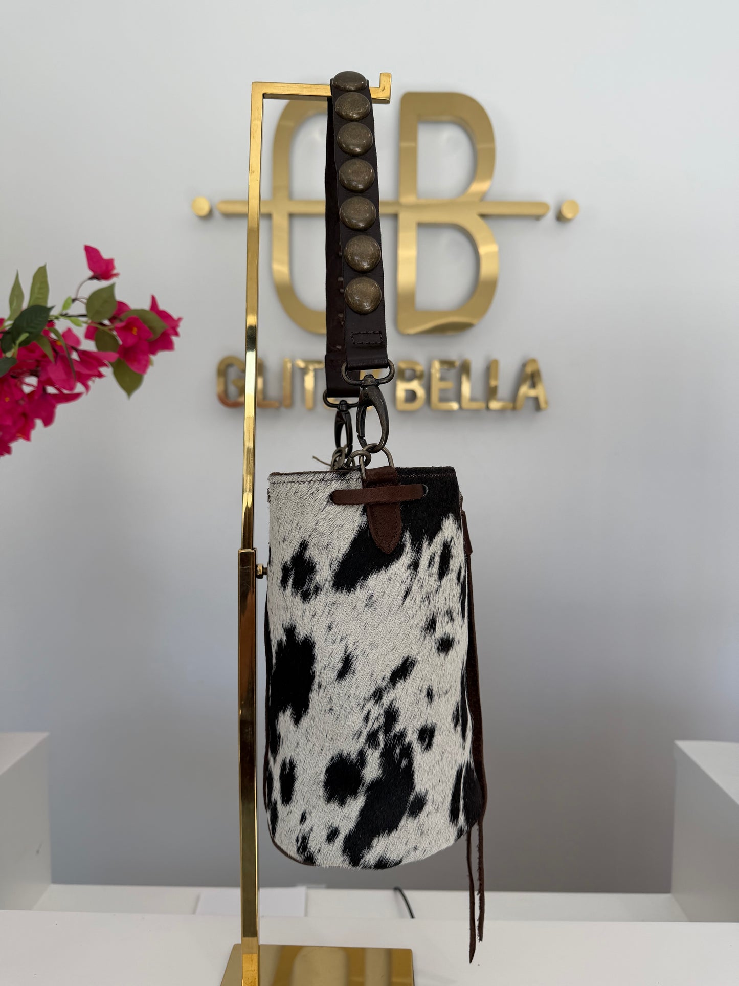 Brown and White Cowhide Bucket Bag Medium Drawstring w/ Studded Strap