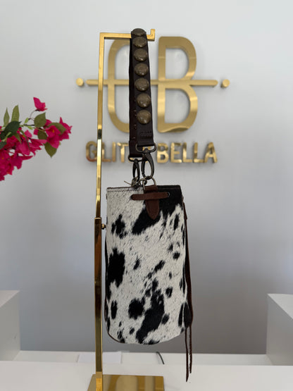 Brown and White Cowhide Bucket Bag Medium Drawstring w/ Studded Strap