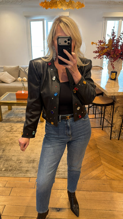 Vintage Black Embellished Leather Jacket Size Small