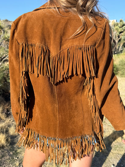 Vintage Dark Camel Suede Fringe Jacket Size Xlarge (16)