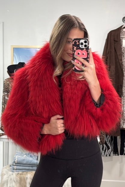 #43 Vintage Dyed Red Cropped Racoon Fur Jacket