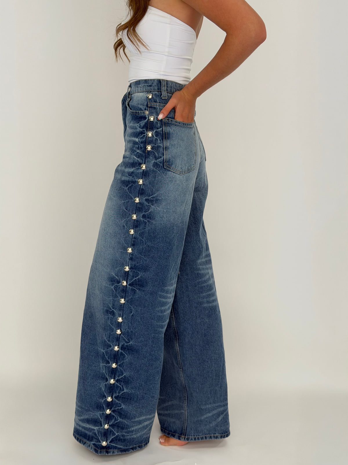 High Rise Wide Leg Studded Jeans