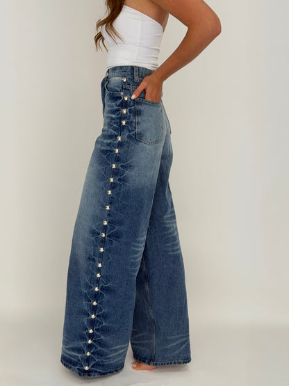High Rise Wide Leg Studded Jeans