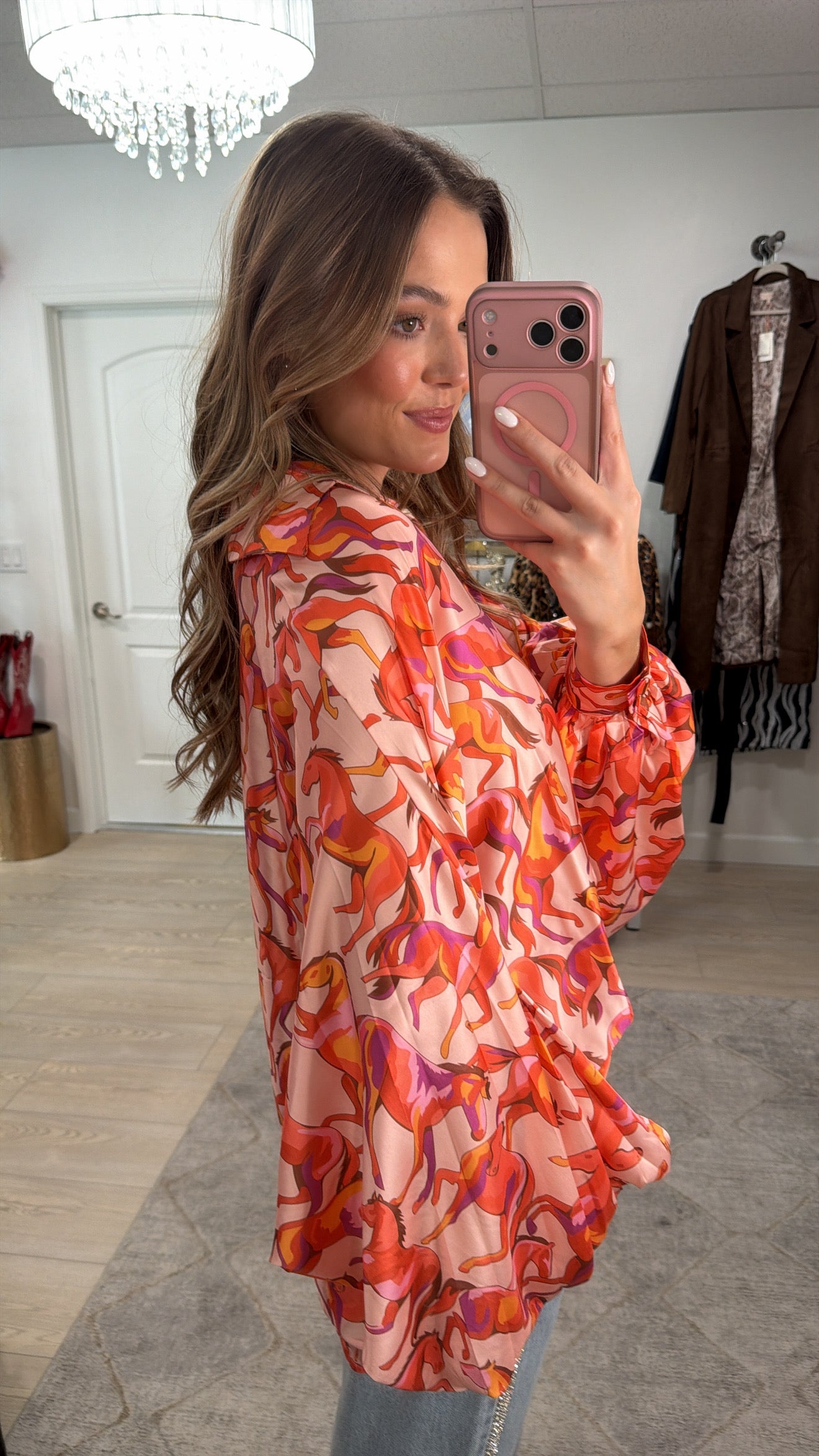 NEW!! Horseprint Satin Top in Orange & Pink