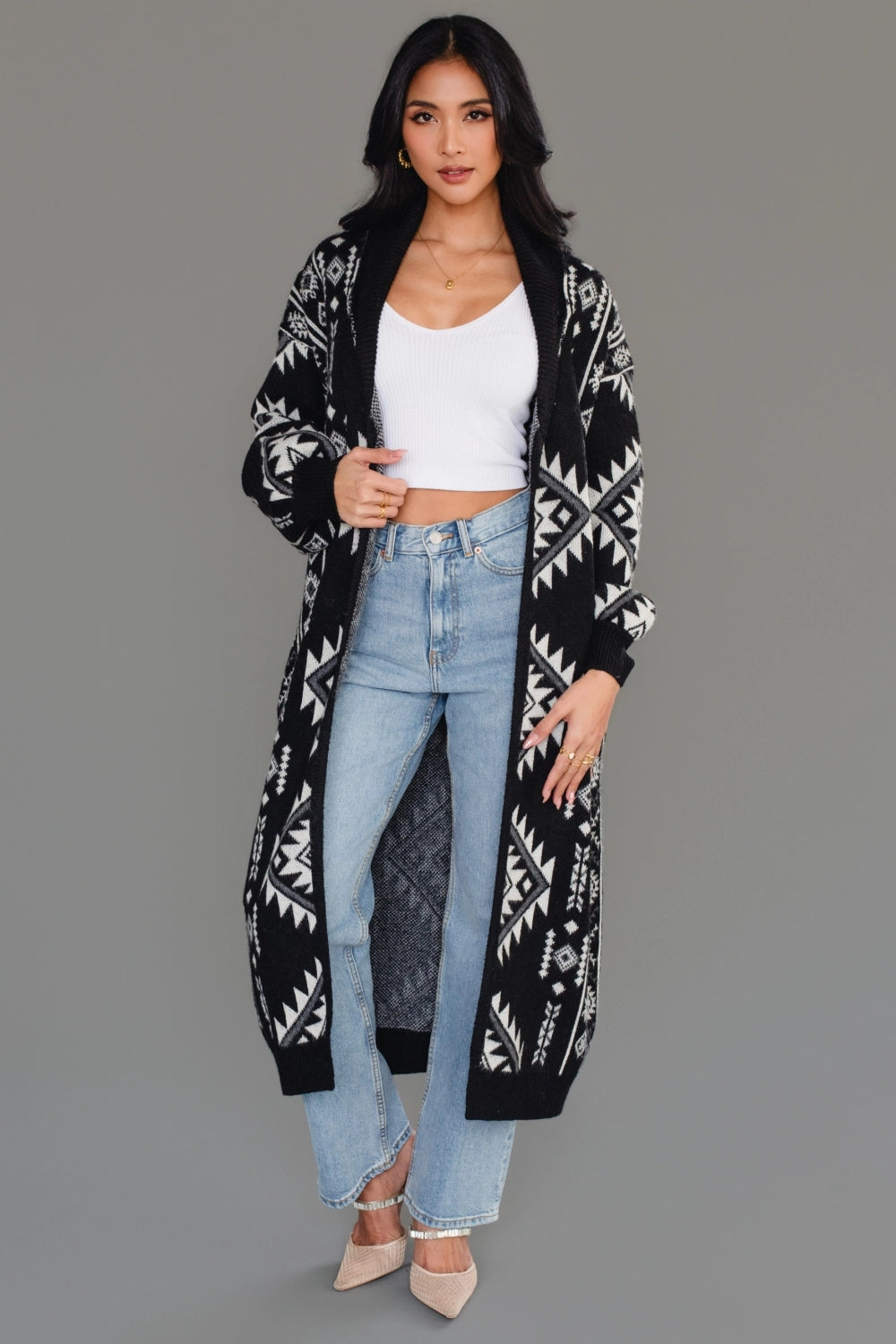 "Frontier" Aztec Print Cardigan in Black