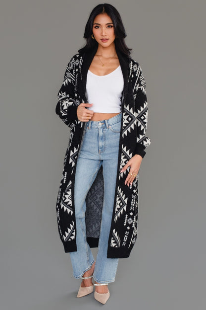 "Frontier" Aztec Print Cardigan in Black