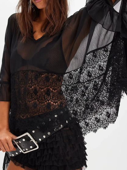 FINAL SALE!! Sheer Lace Trim Top in Black