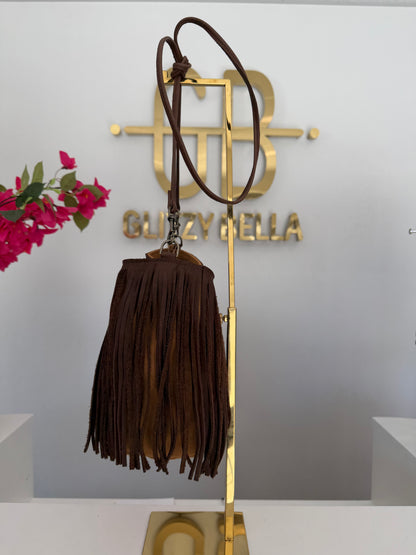 Large Fringe Bucket Bag in Camel