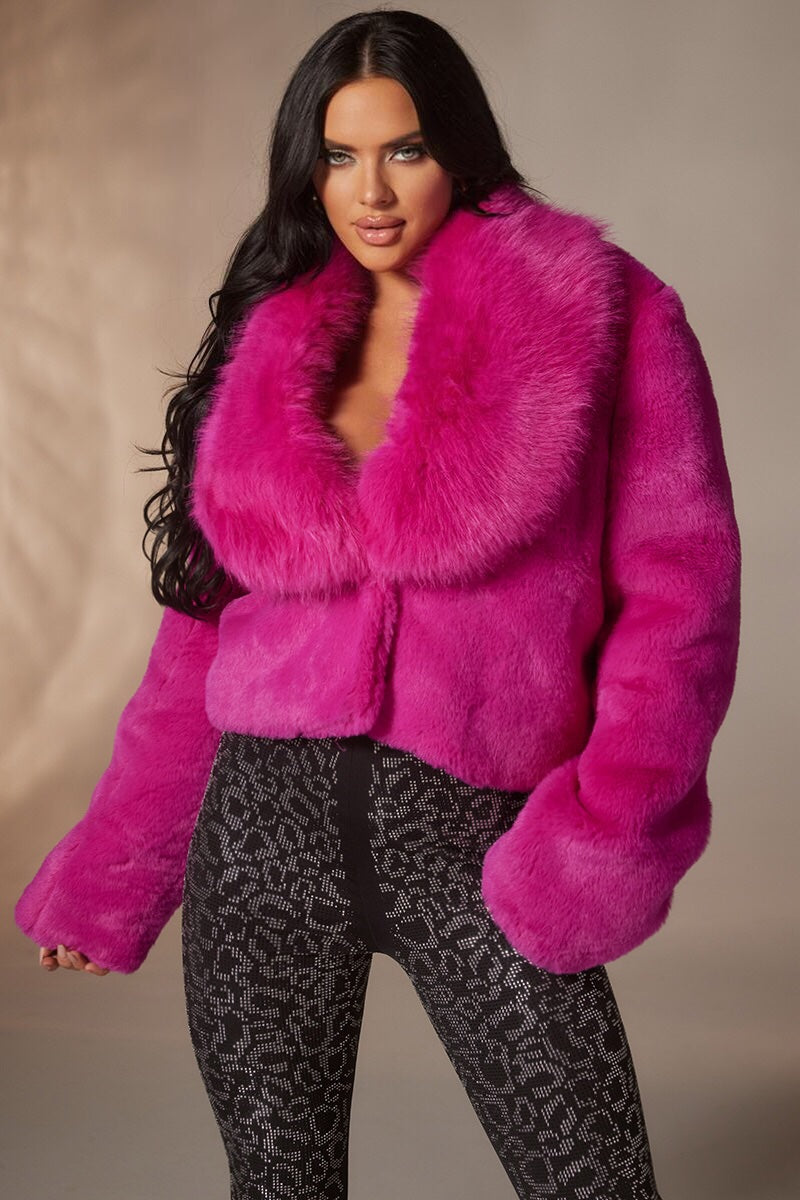 NEW!! "Showtime" Cropped Faux Fur Jacket in Pink