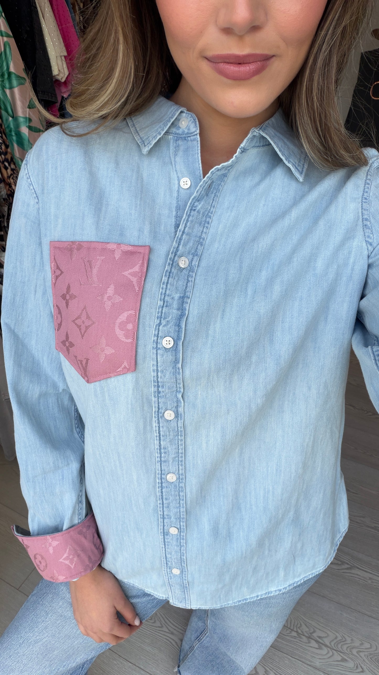 Designer Repurposed Denim Shirt w/ Designer Pink Scarf