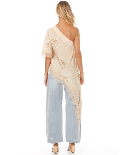 Asymmetric Lace Top in Nude Floral