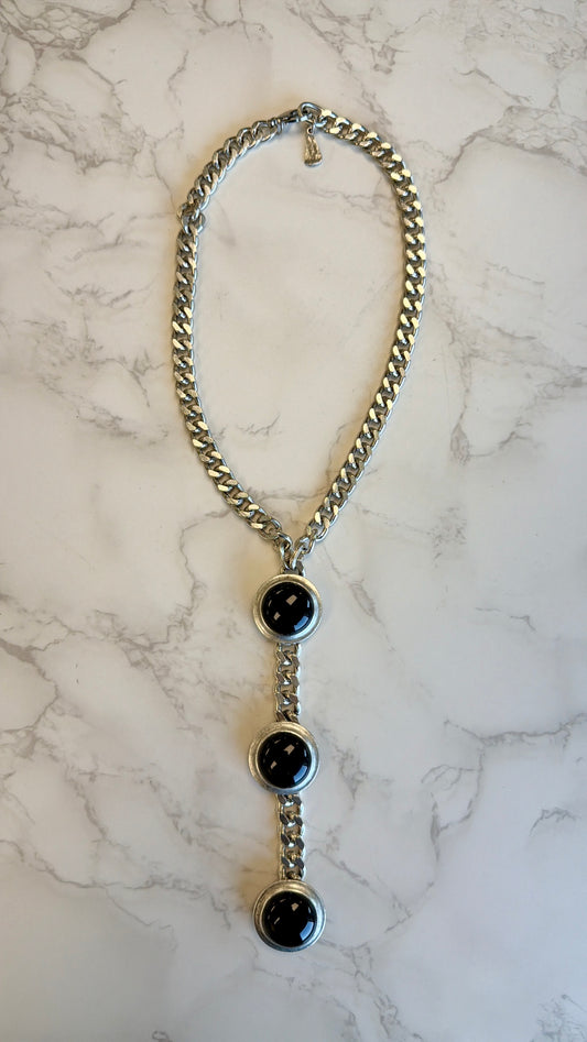 Cabachon Triple Drop Necklace in Silver & Black