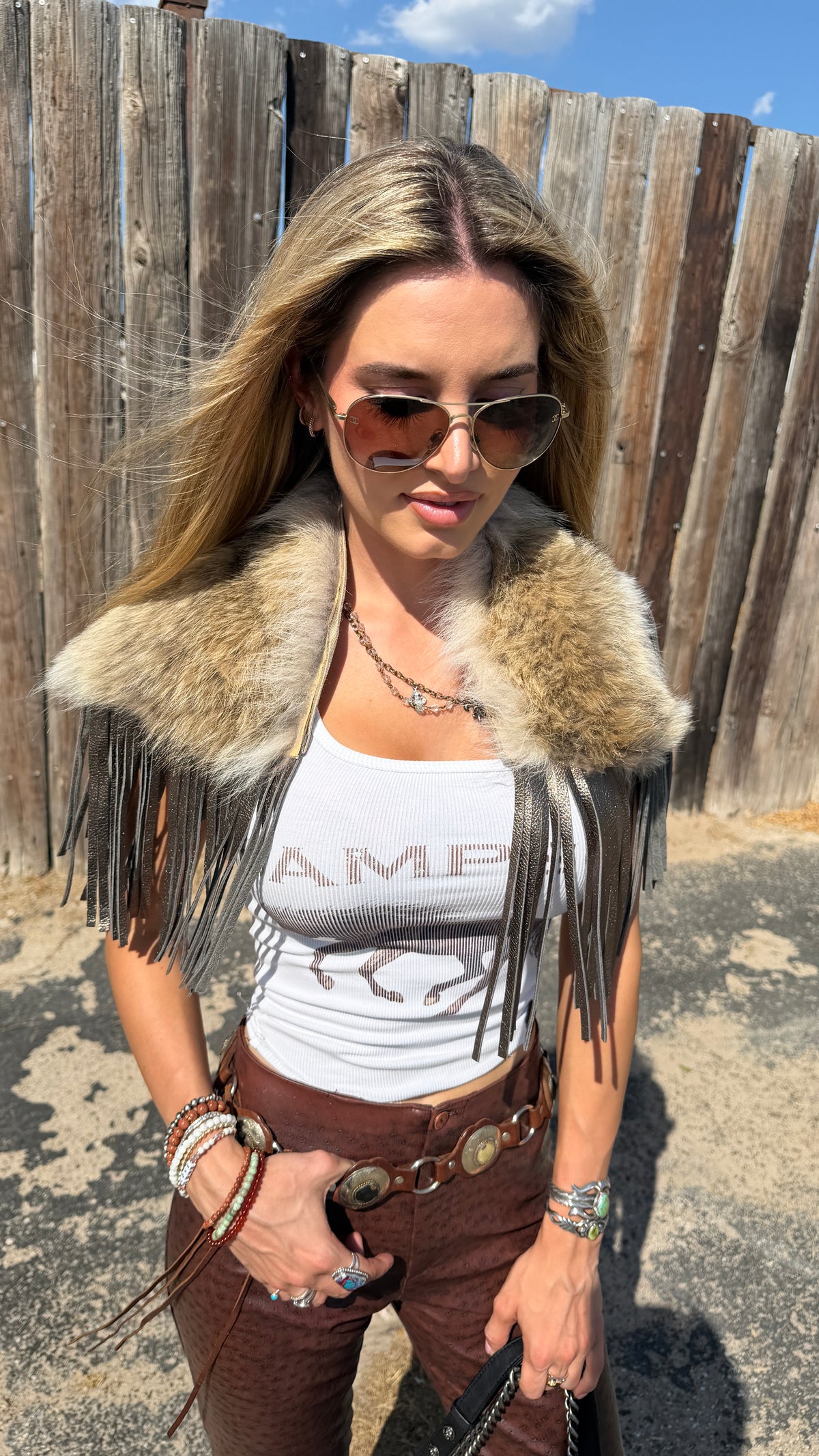 Vintage Coyote Fur & Leather Fringe Collar - Small Size