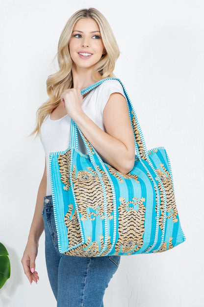 DOORBUSTER!! Tiger Print Reversible Tote in Blue