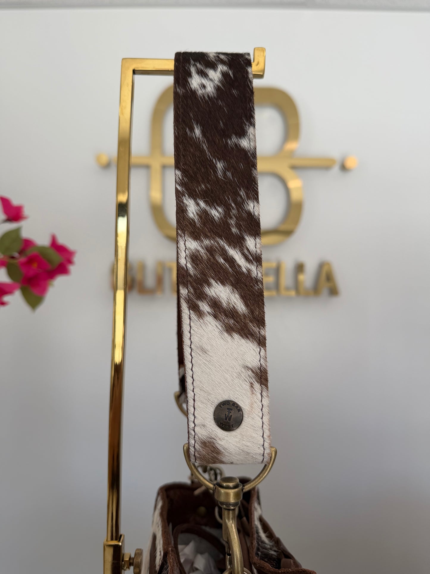 Brown and White Cowhide Bucket Bag Medium Drawstring w/ Cowhide Strap